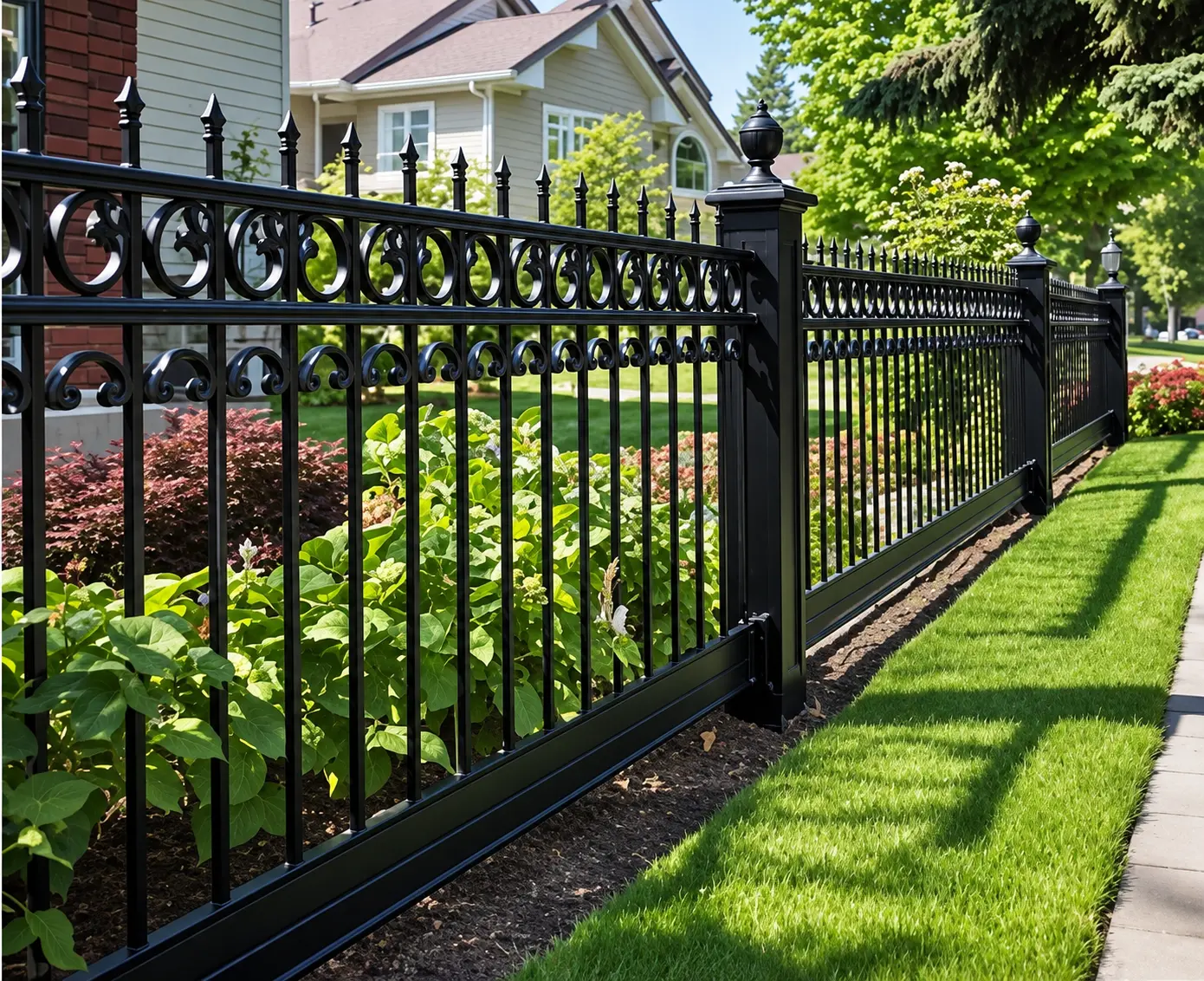 Black powder-coated decorative metal boundary fence