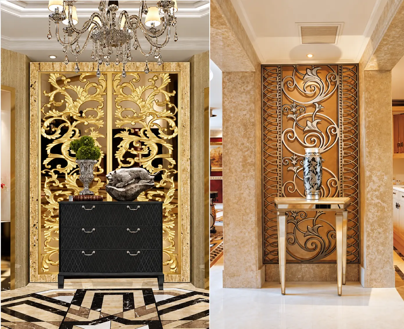 Ornate gold and bronze decorative wall panels in luxury interiors