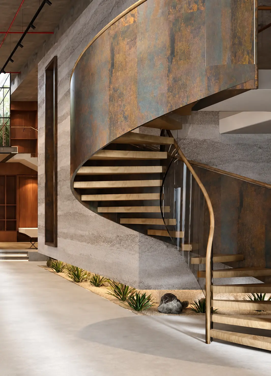 Curved staircase with an antique bronze-effect metal balustrade