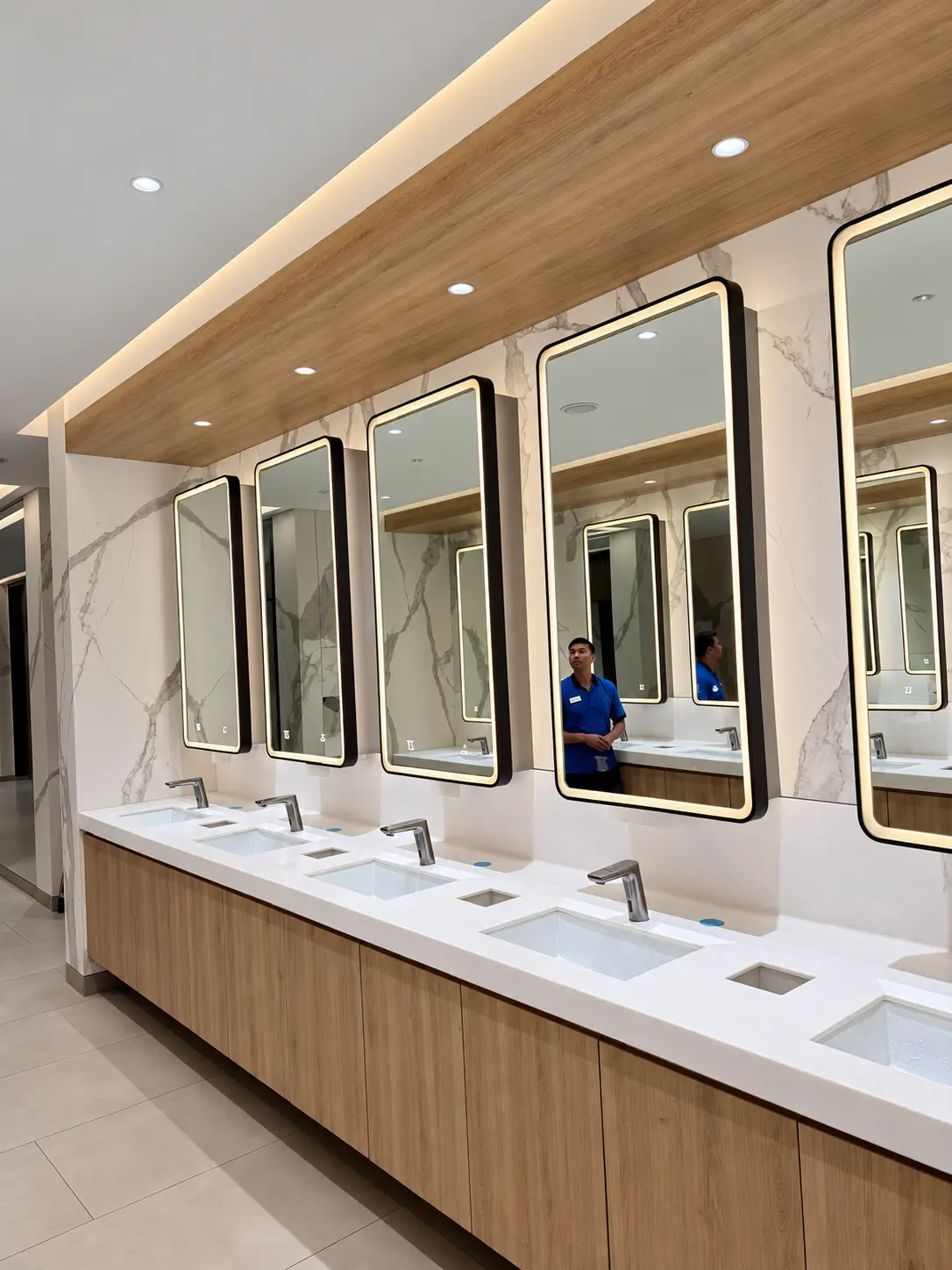 Black metal-framed illuminated mirrors above a bathroom counter